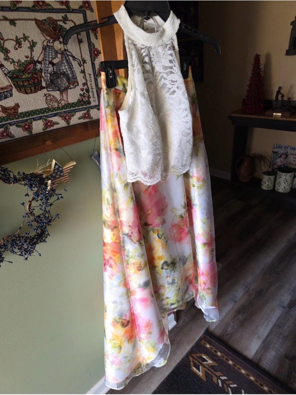 White Lace Halter Top with Floral Chiffon Skirt